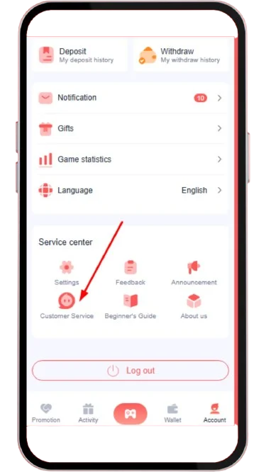 Customer service option in account section